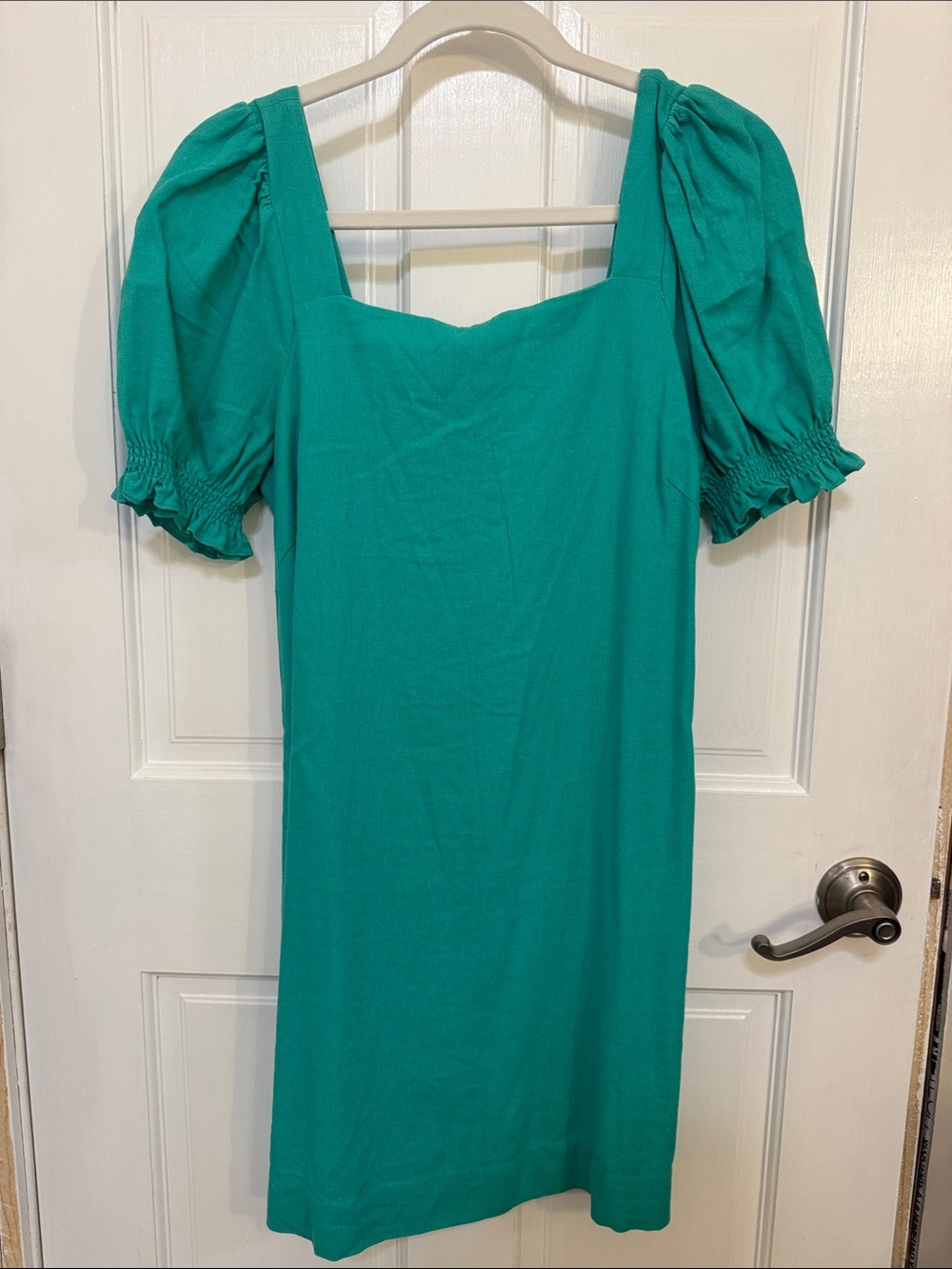Draper James Teal Square-Neck Puff-Sleeve Midi Dress